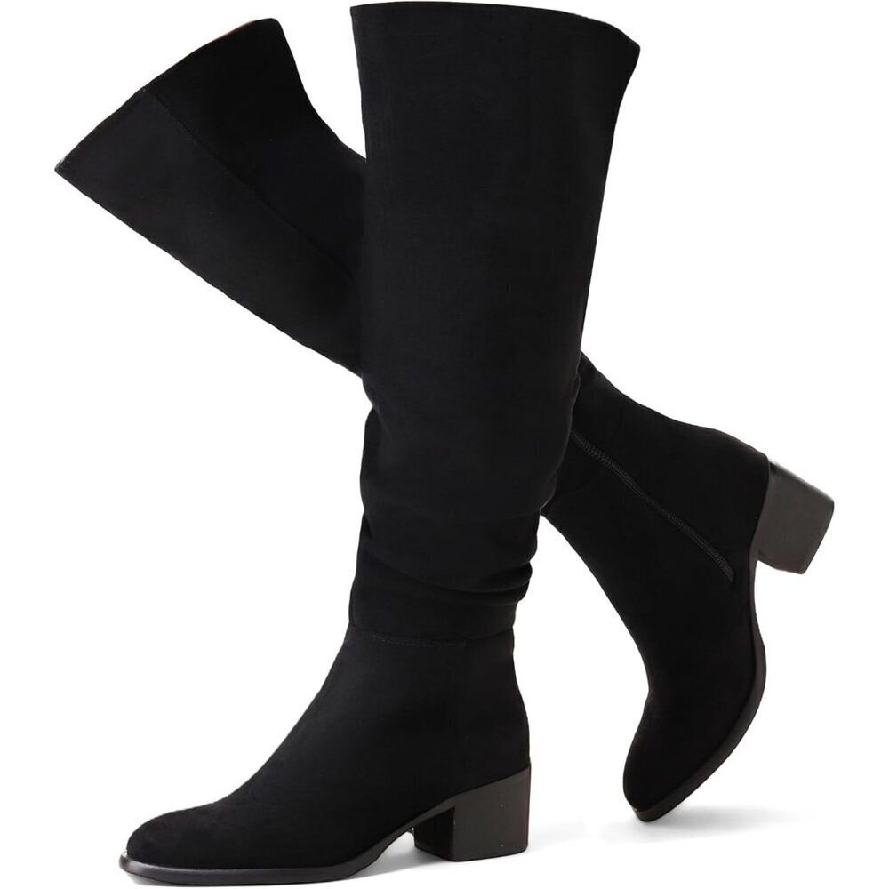 Women's Black Suede Over The Knee Thigh High Chunky Block Heel Pointed Toe Boots